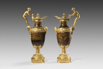 LENNOX CATO pair of 19th century French agate & ormolu ewers