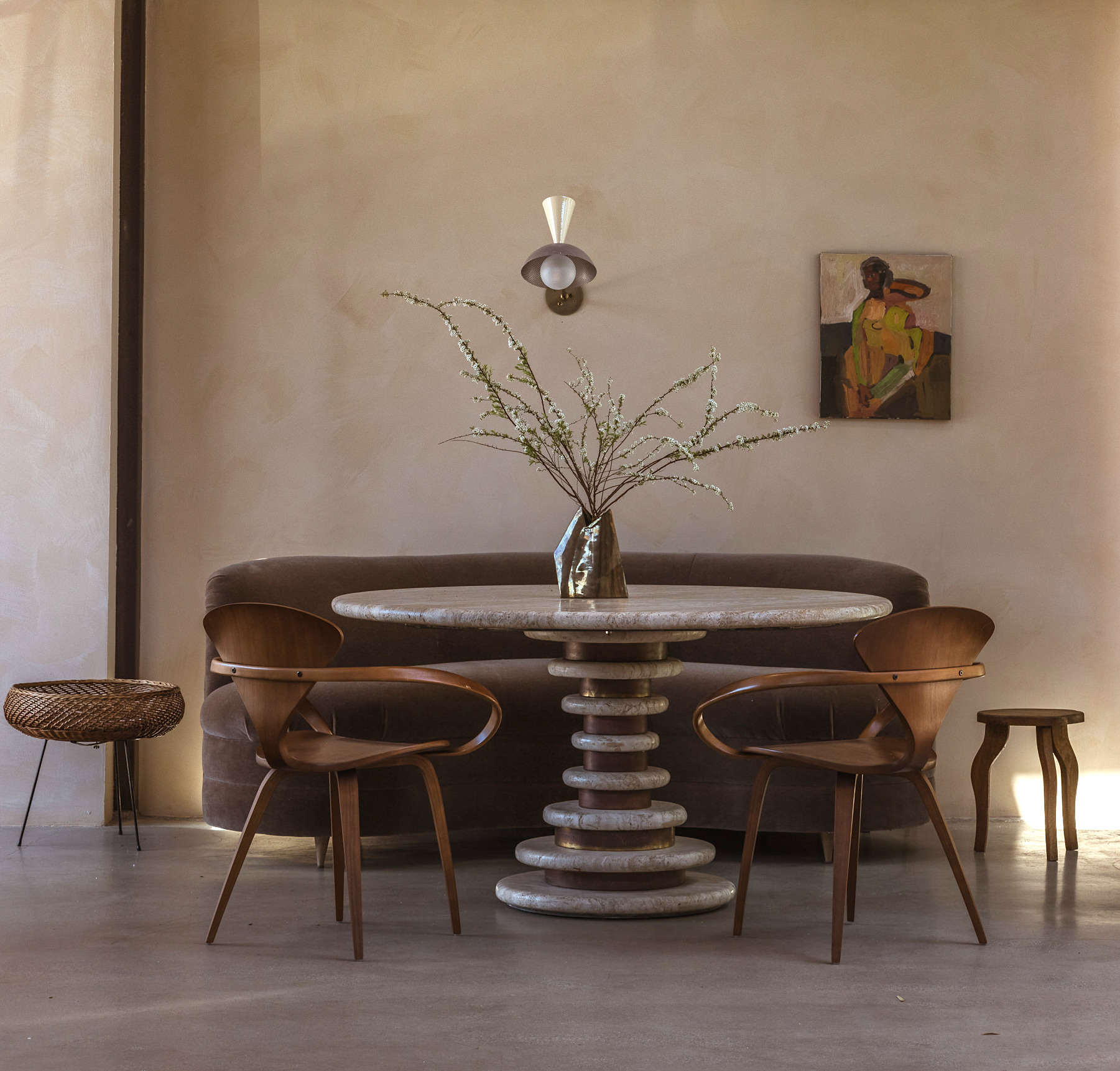 Brass and travertine banquet table with two Cherner chairs from Mara Akil Office in West Adams, Los Angeles design by Night Palm (Photo: Pablo Enriquez)