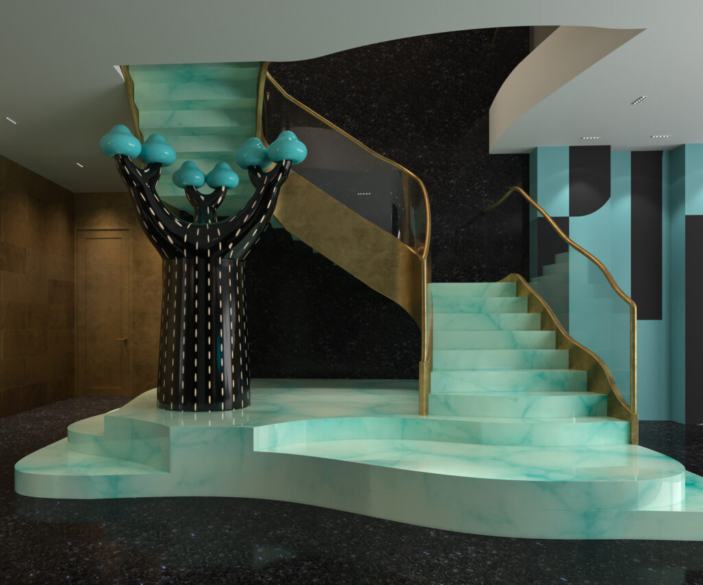 A surreal staircase in Epiphany Blue