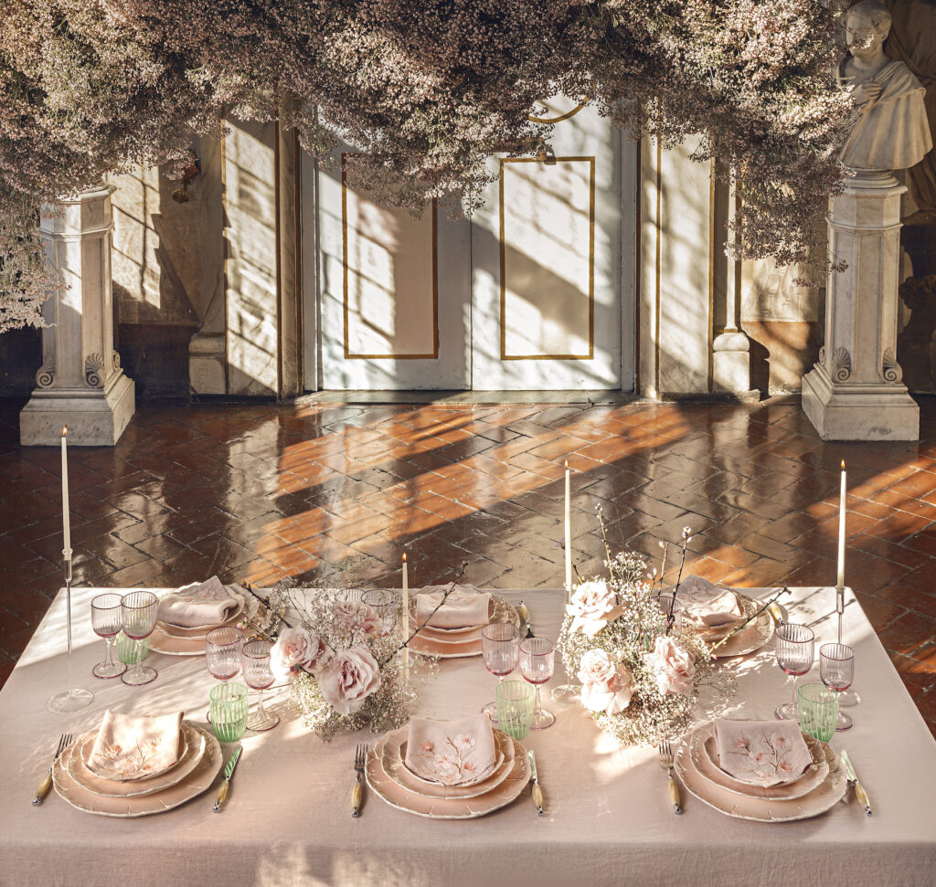 Tablescaping by Edgardo Osorio, with Cherry Blossom tableware from Aquazzura Home