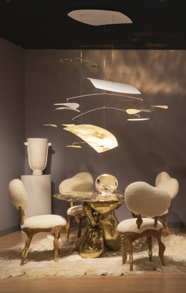 Karl Zahn’s aluminum, brass and hand-painted acrylic fixture at The Future Perfect at Salon Art + Design 2022 in Effect Magazine