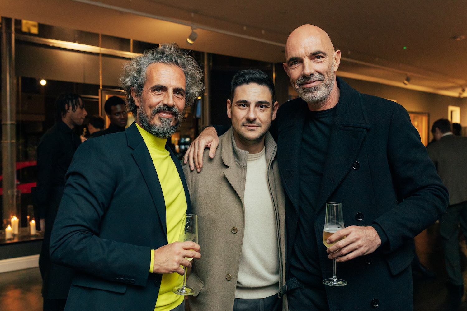 The Miaz Brothers at the 'Don't Look Now' preview party with (centre) Mario Zonias, sales director and co-founder of Maddox Gallery