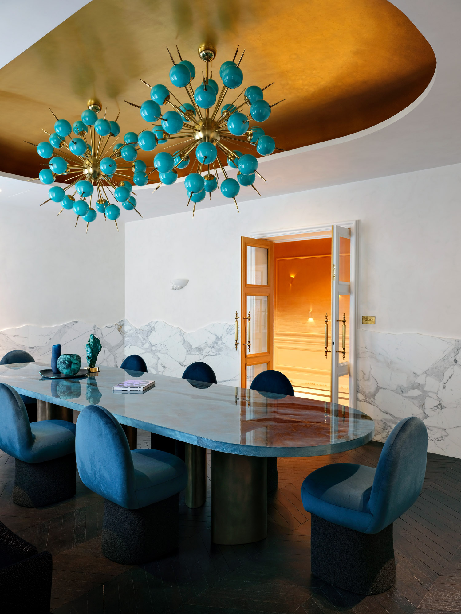 Gold ceiling in the dining room at interior designer Tala Fustok's Avenue Foch project in Effect Magazine
