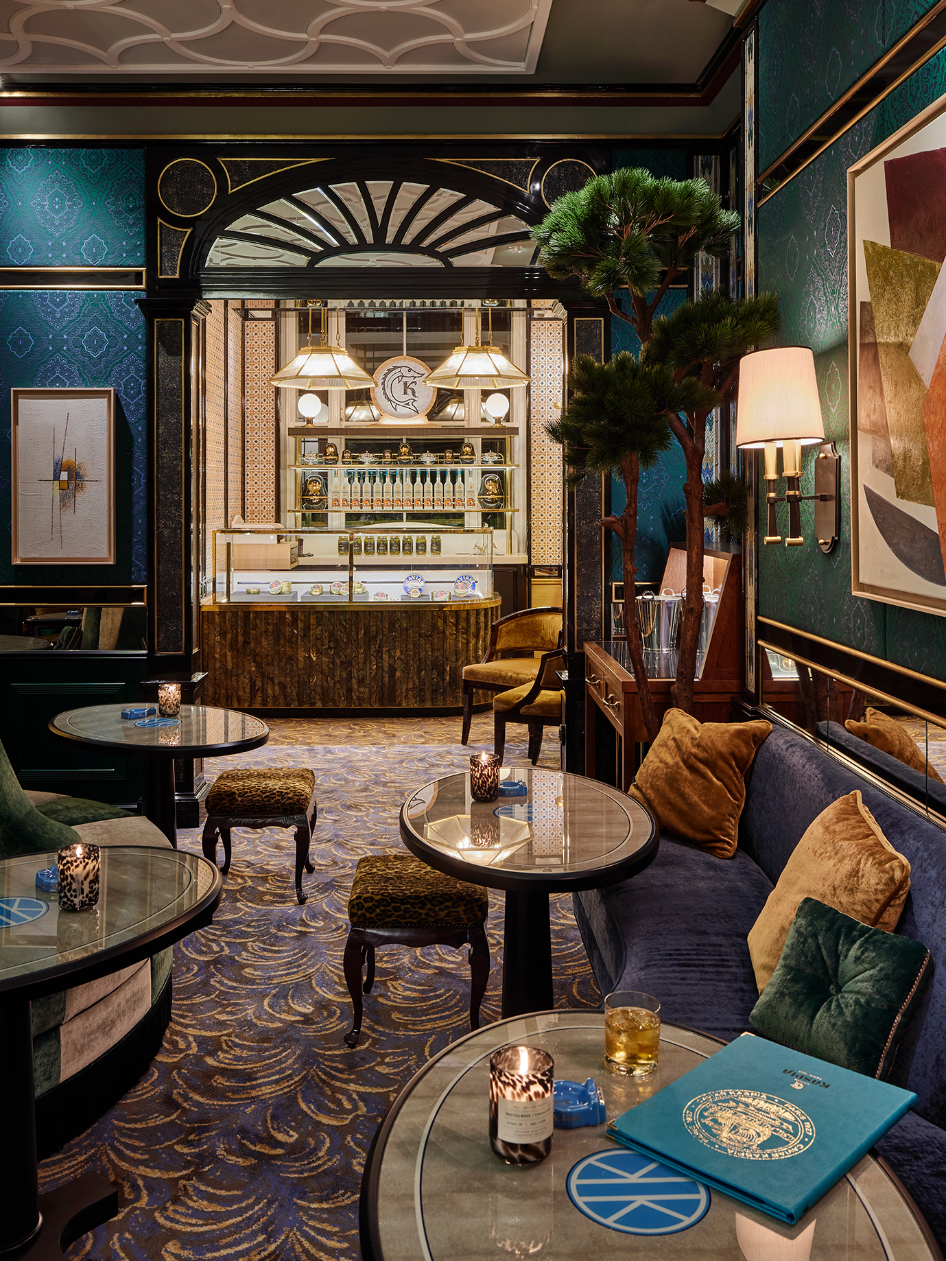 Portuguese studio Oitoemponto brought a maximalist aesthetic to the new London iteration of Paris institution Caviar Kaspia - Effect Magazine