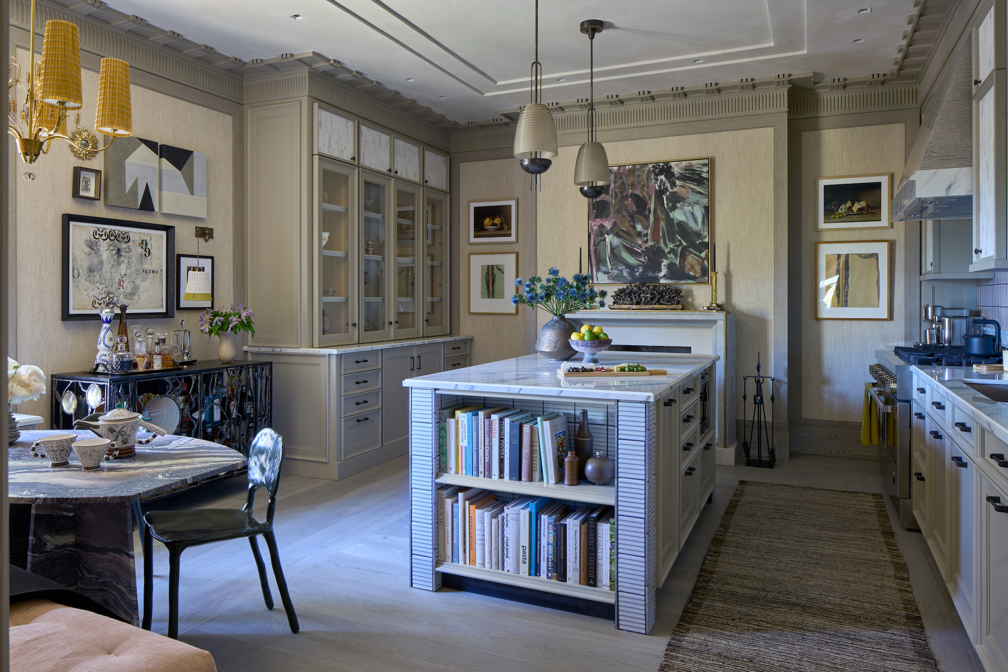 Wesley Moon’s kitchen instal for Kips Bay Decorator Show House New York 2023 included custom plaster mouldings adn louvered tiles from Ann Sacks - Effect Magazine