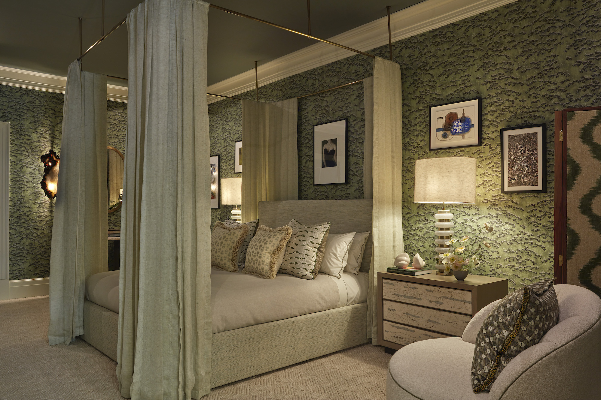 Natalia Miyar created a stunning green bedroom with her characteristic flair for wallpaper and colour at WOW!house 2023 in Effect Magazine