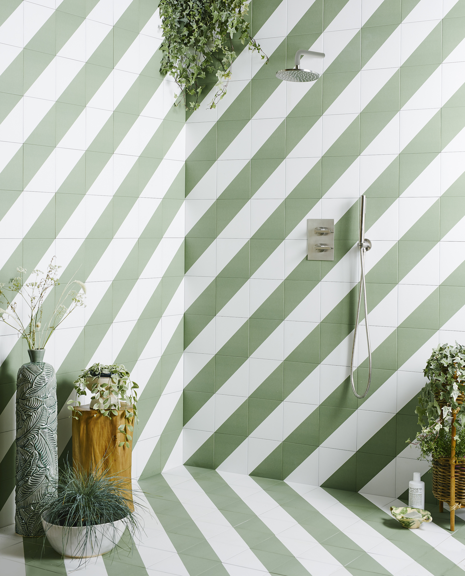 Green Bert & May Alalpardo tiles in a shower - Effect Magazine