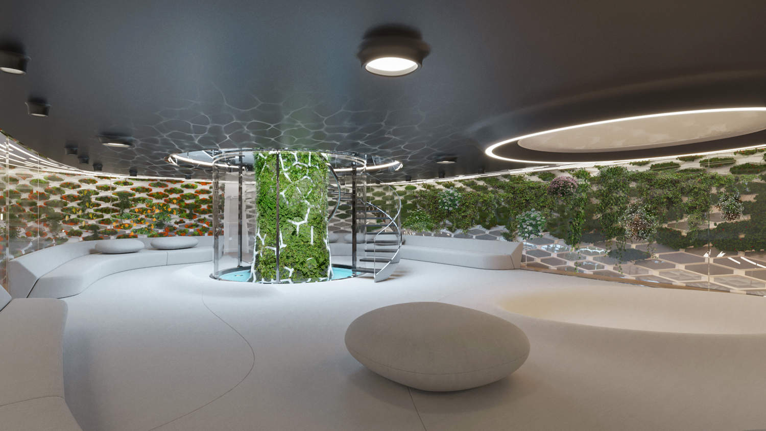 The hydroponic garden in the Pegasus superyacht concept is embedded with vegetables, herbs and flowers, and also provides the yacht with air purification - Effect Magazine