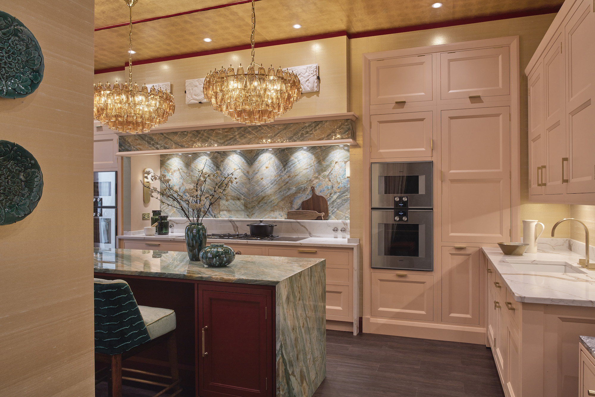 Henry Prideaux blended putty-pink with a gold moiré ceiling and passementerie in this Martin Moore kitchen installed at WOW!House 2023  in Effect Magazine