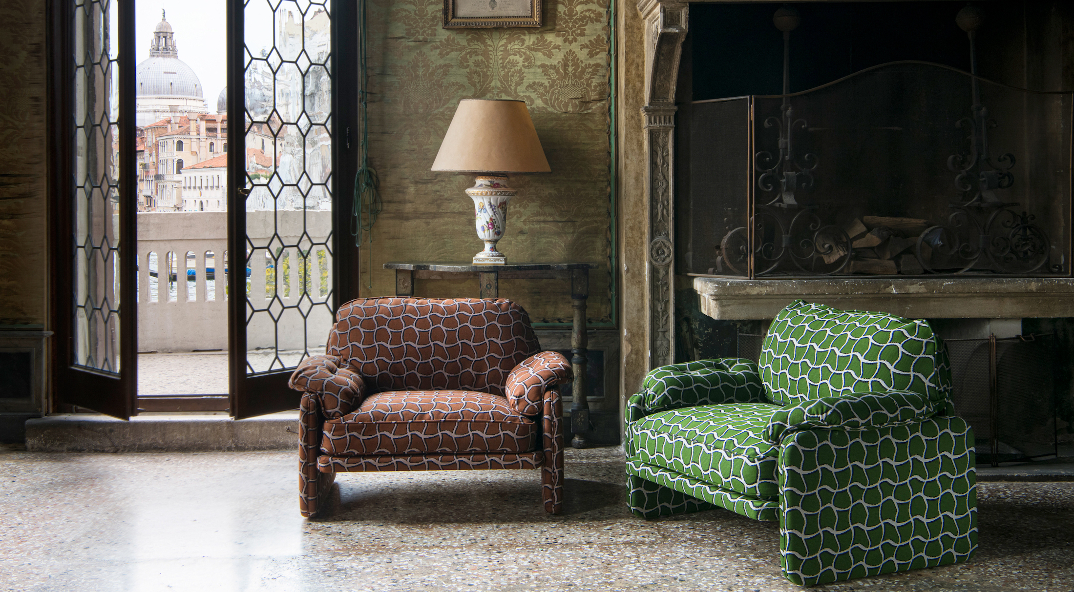 A pair of armchairs upholstered in 'Wobble Grid' by Luke Edward Hall for Rubelli