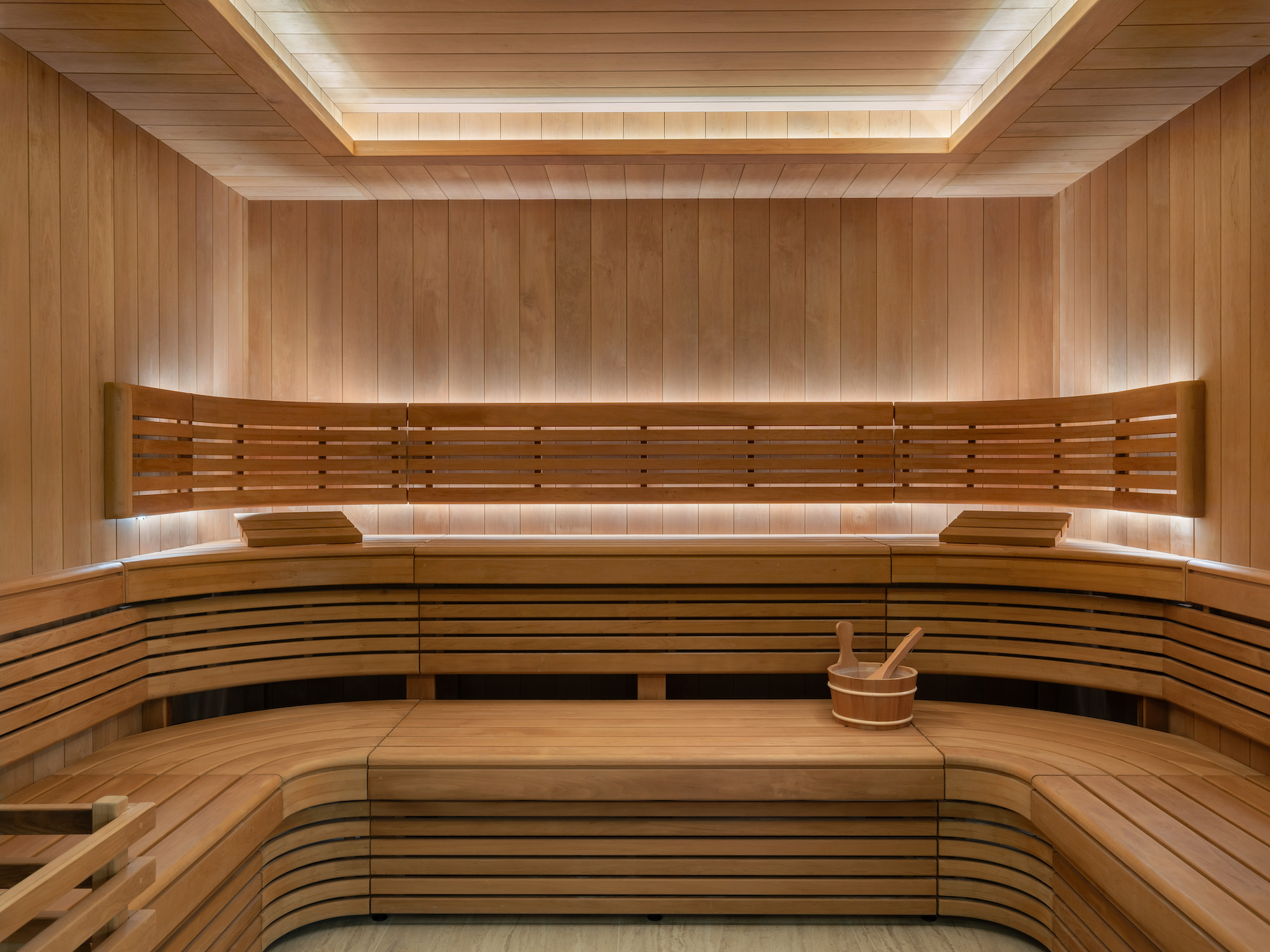 Sauna at Raffles London, designed by Goddard Littlefair in Effect Magazine
